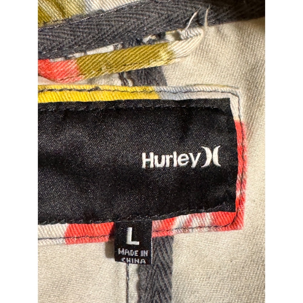 Hurley Womens Floral Denim Jacket Red Yellow Rose Double Breasted Utility Coat L - Picture 6 of 6